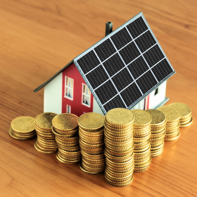 Einfamilienhaus mit Photovoltaikanlage auf dem Dach, daneben stilisierte Geldsymbole – Symbolbild für wirtschaftliche Vorteile durch Solarstrom.
