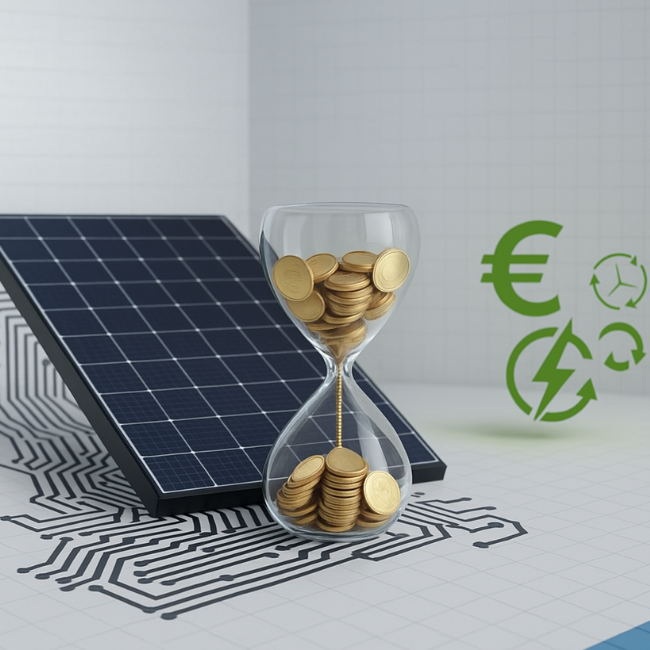Photovoltaikmodul daneben eine Sanduhr mit Geld - Symbolbild für Förderung