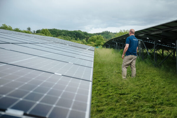 PV-Berater neben Photovoltaik-Panels auf Freifläche