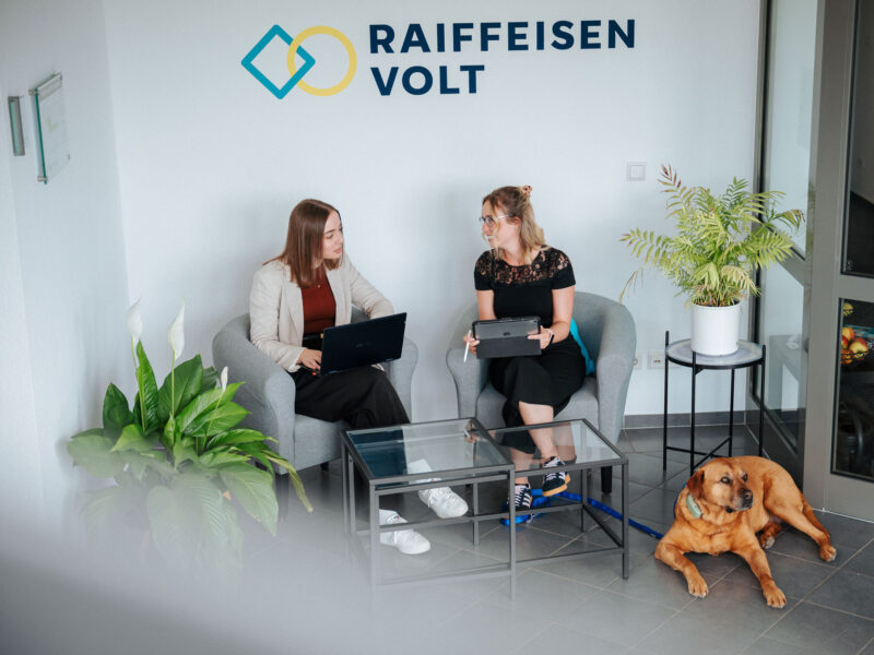 Mitarbeiterinnen von RaiffeisenVolt im Gespräch mit Tablets
